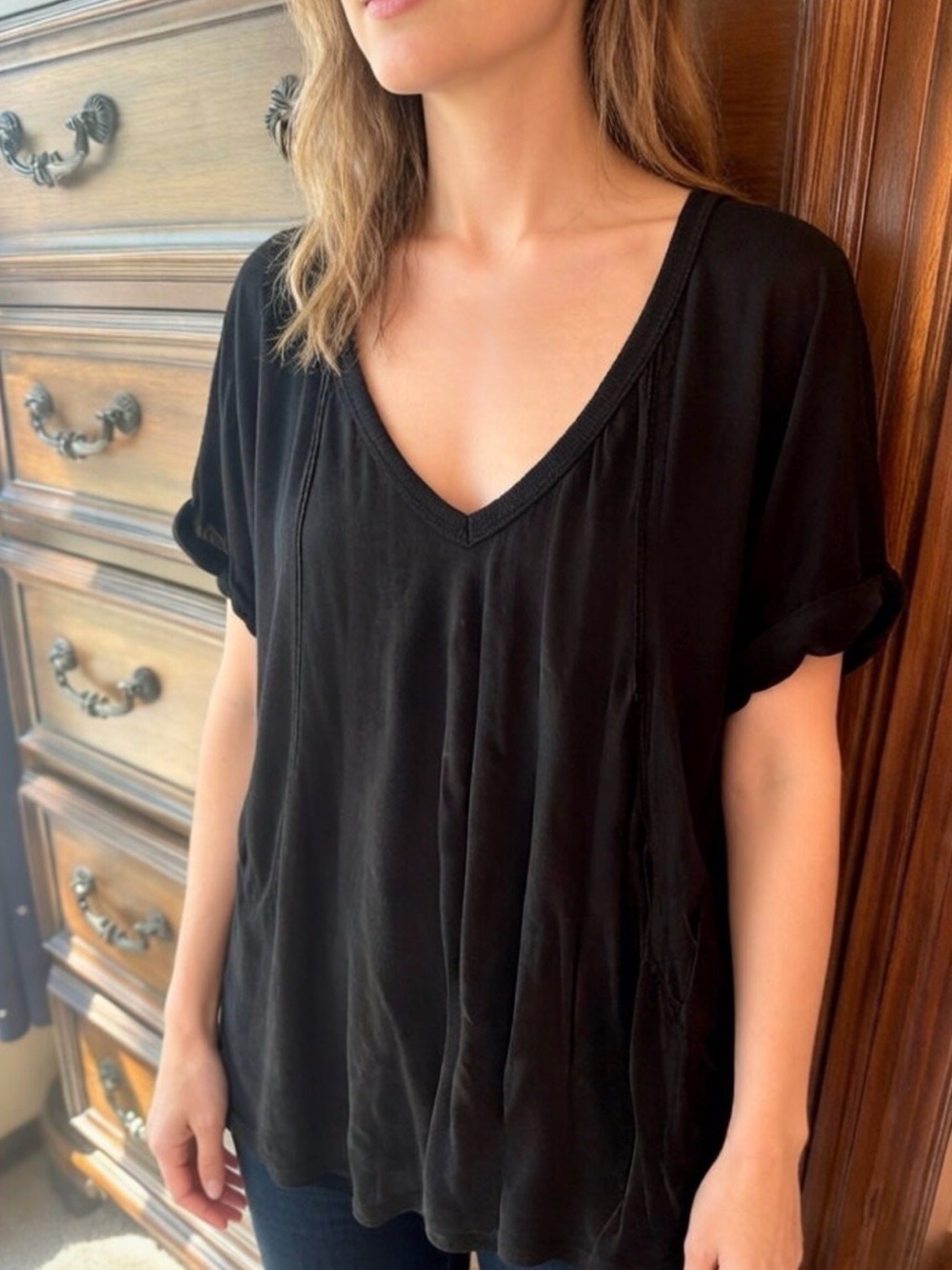 We The Free Black V-Neck Short Sleeve Top by Free People Size Medium